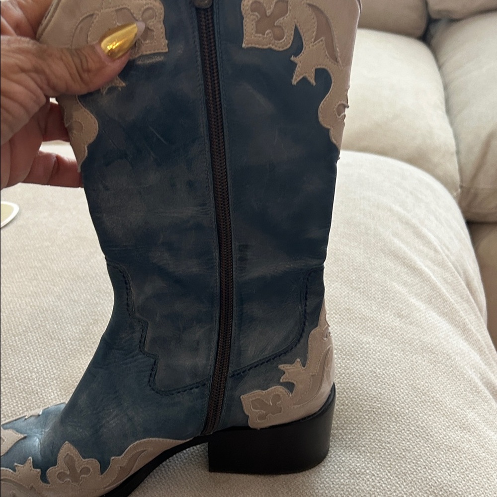 Donald J. Pliner Blue and Tan Leather Heeled Boots - Picture 5 of 10